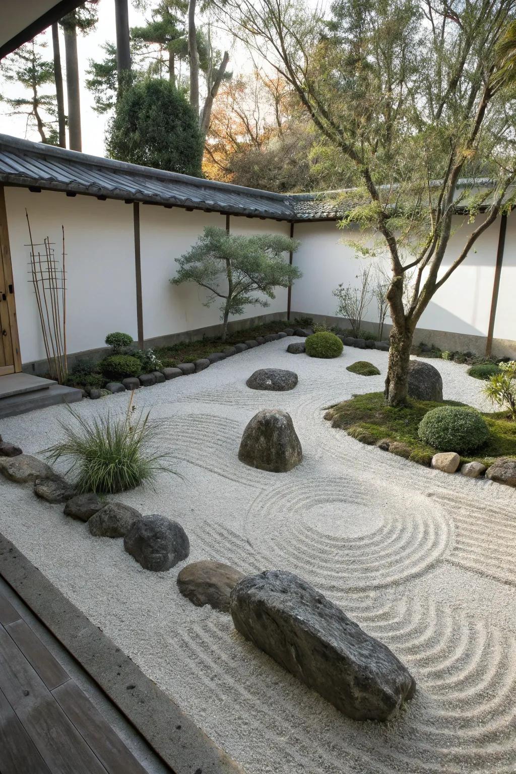 A Zen garden offers a peaceful escape.