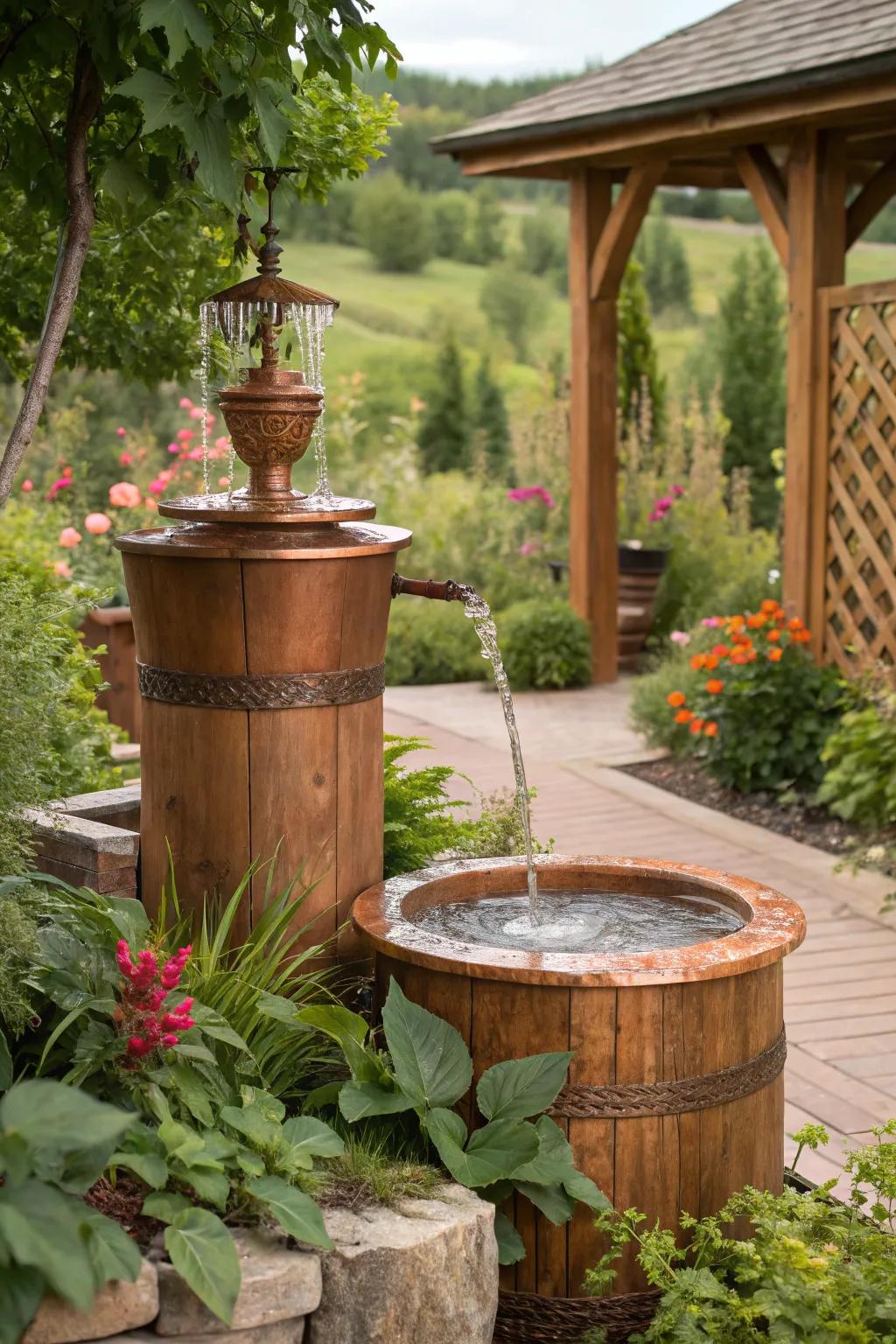 A copper fountain elegantly combined with natural plant elements.