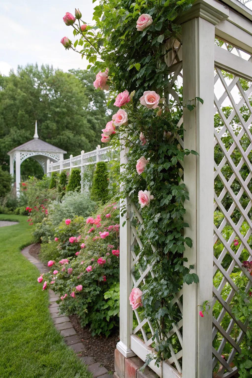Lattice fences provide elegant support for climbing plants.