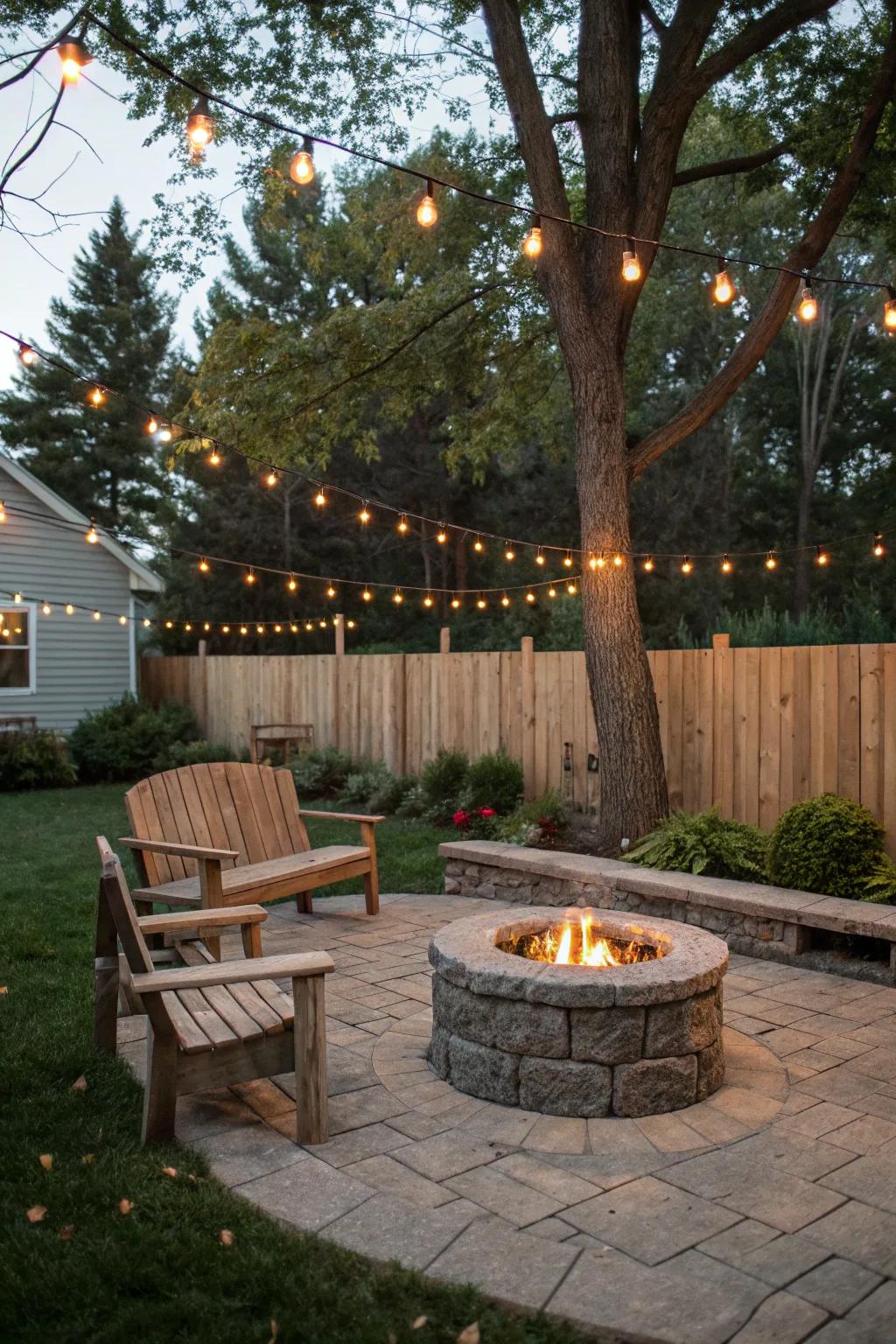 Enjoy cozy evenings with a corner fire pit setup.