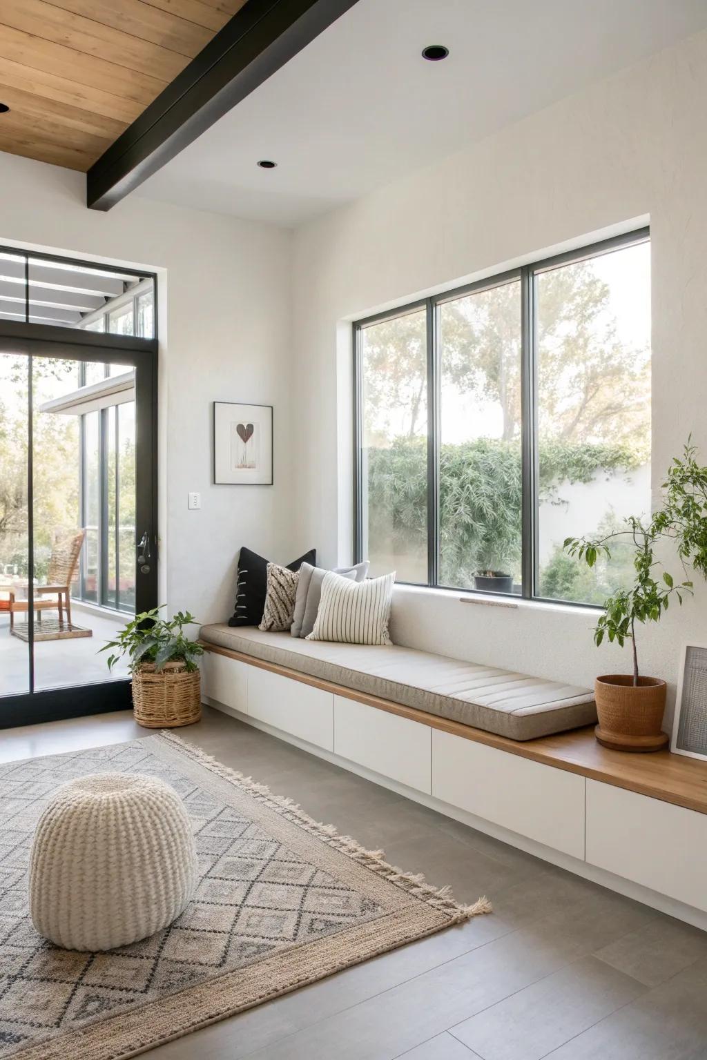 A minimalist floating corner bench in a stylish living room.