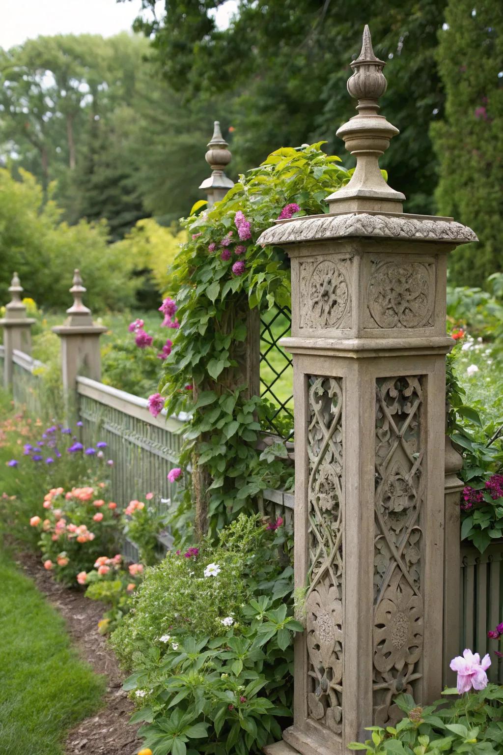 Decorative elements turn fence posts into garden focal points.