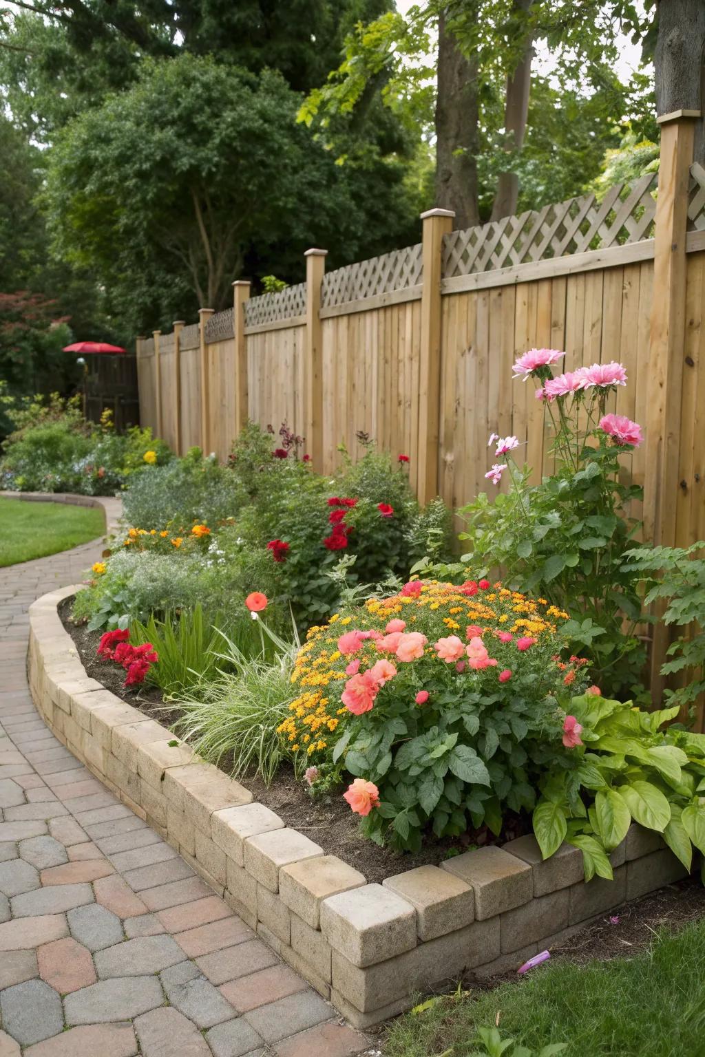 Seamless integration with fencing enhances this corner garden.