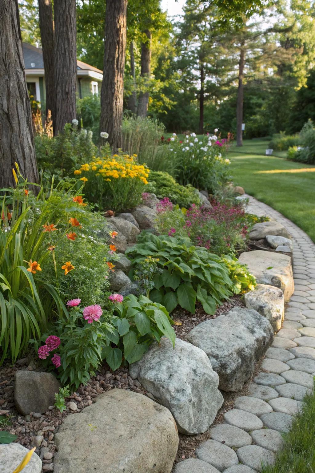 Natural rock edging creates a seamless blend with the garden's environment.