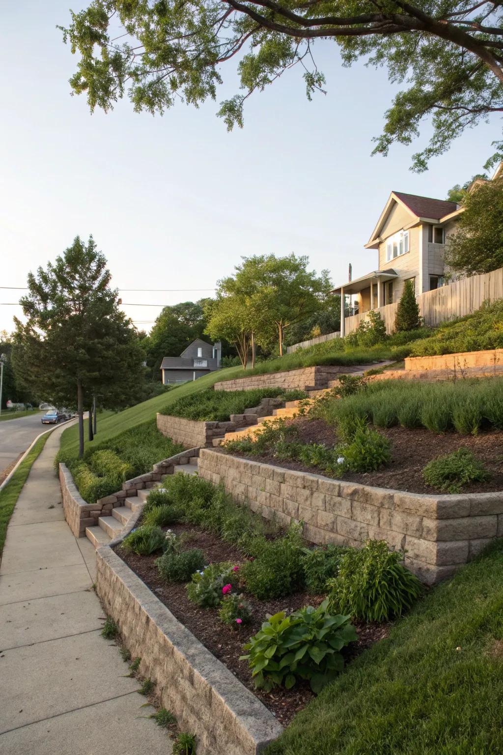 Retaining walls add structure and privacy to a corner lot.