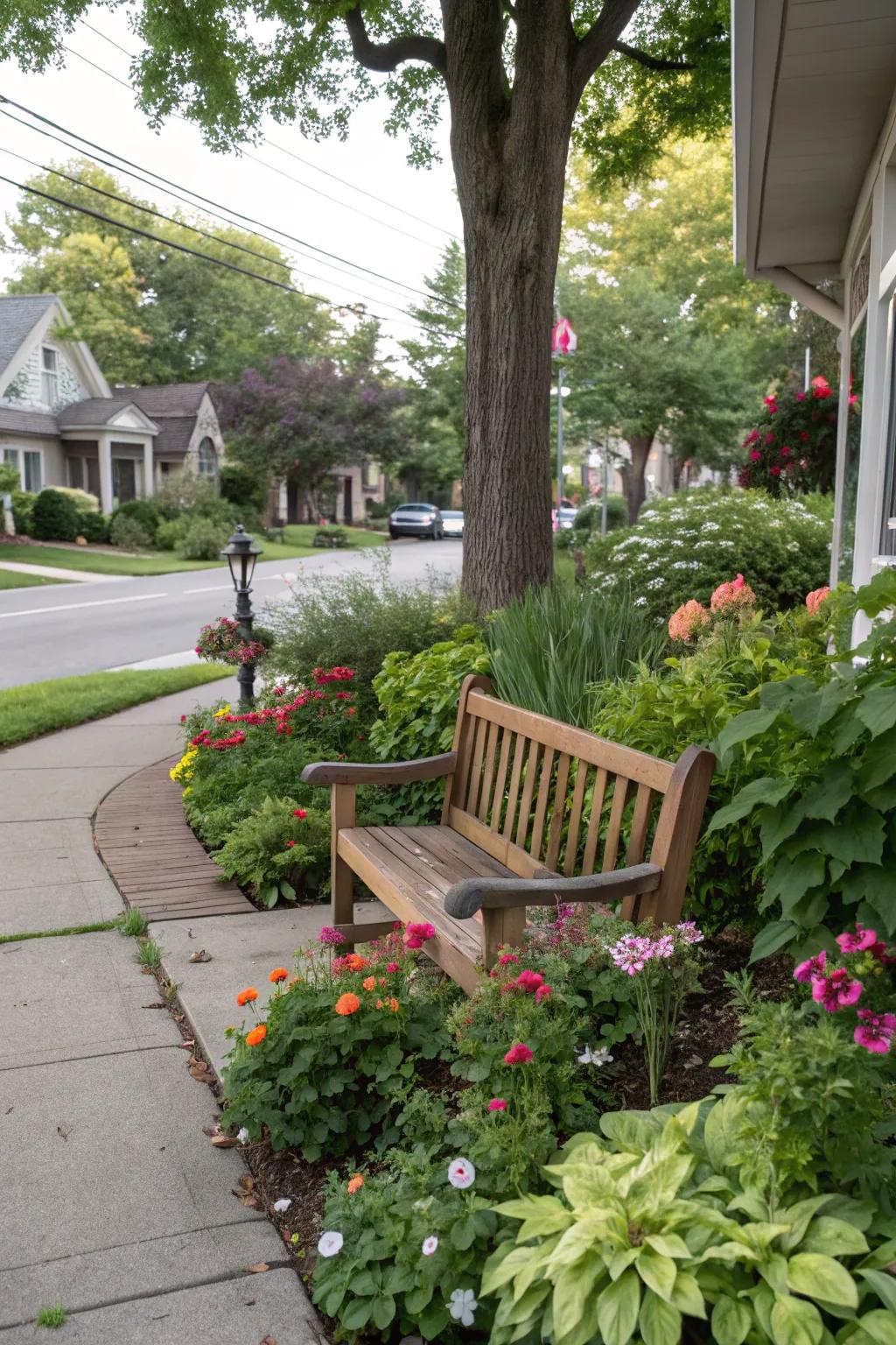 A cozy seating nook inviting relaxation on a beautifully landscaped corner lot.