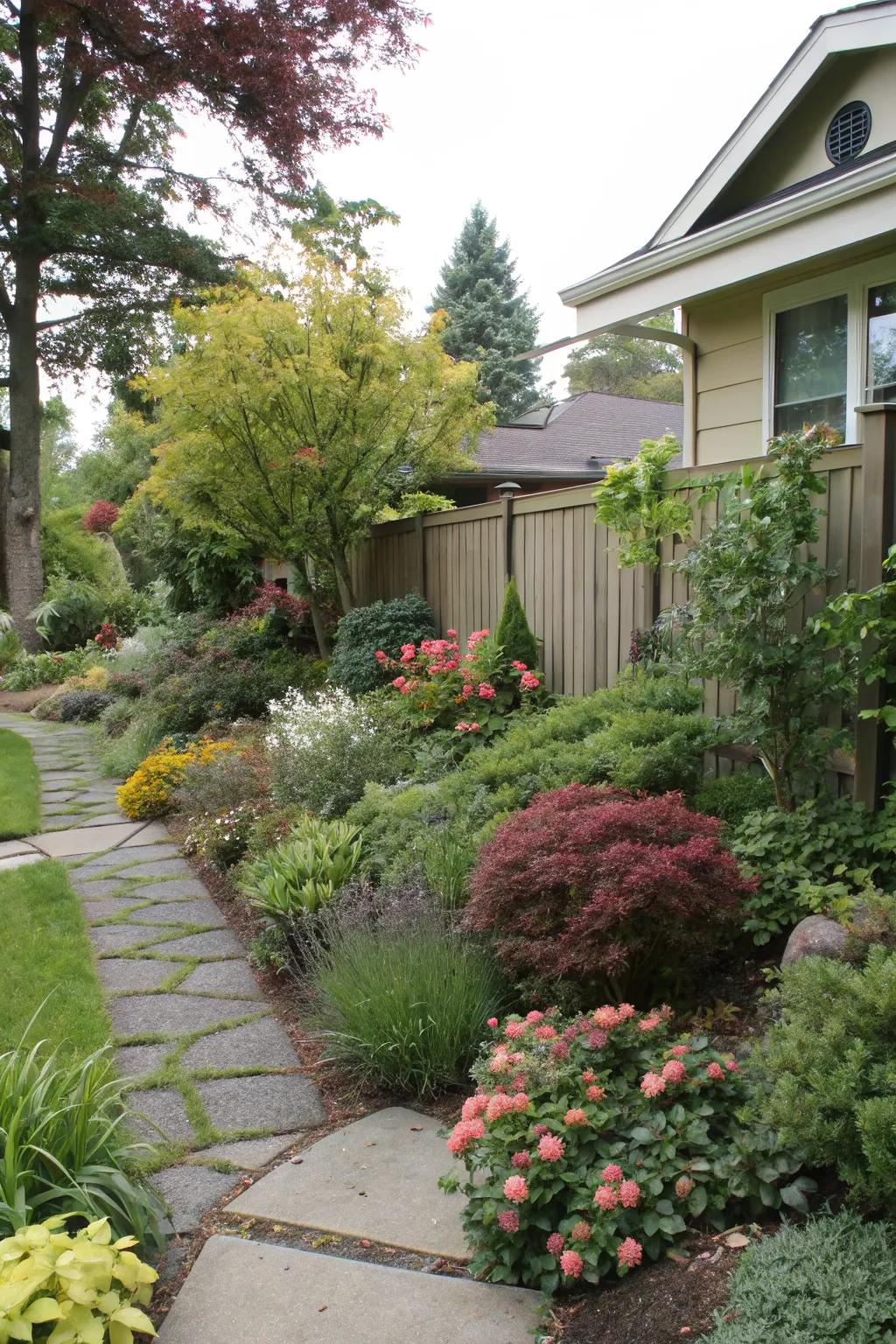 Diverse plantings create a natural privacy screen.