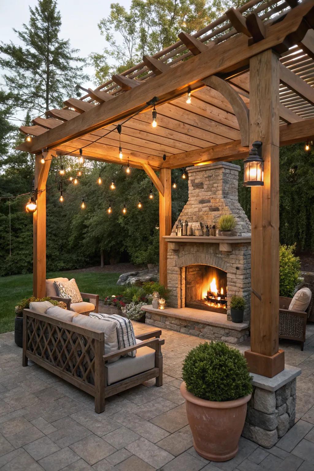 A cozy corner pergola enhancing the fireplace setting.