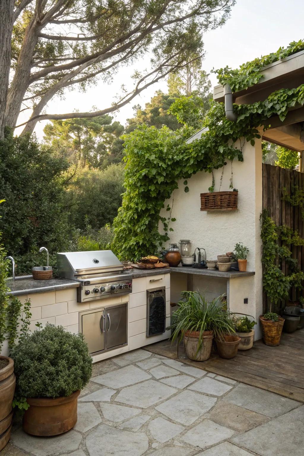 Plants add a vibrant touch to your outdoor kitchen setting.