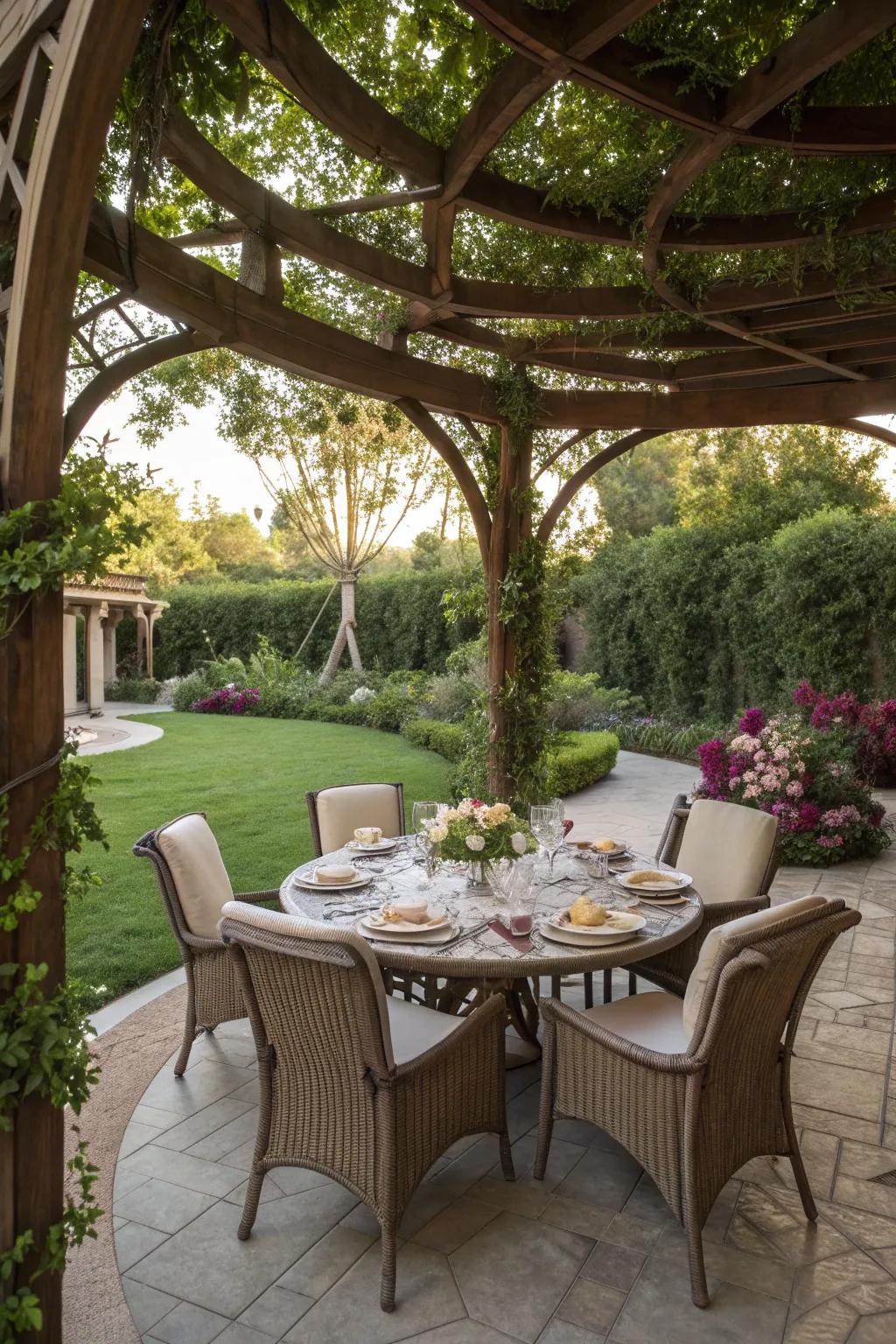 Dine under the stars with a pergola-designed outdoor dining space.