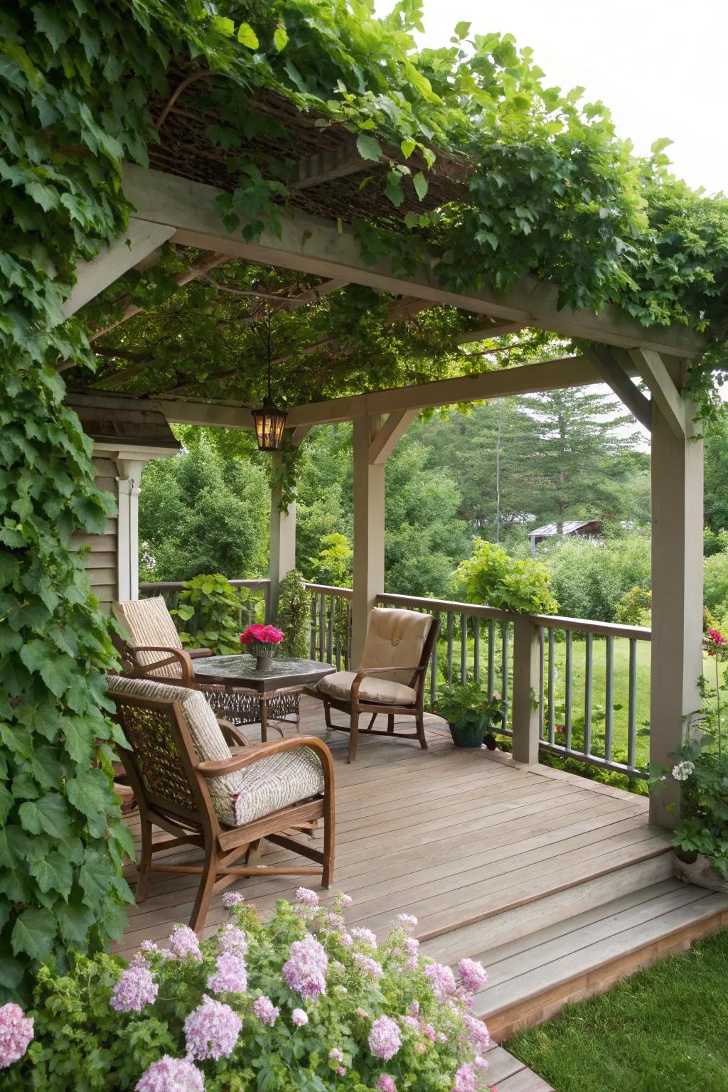 A pergola-covered deck area, offering shelter and style.