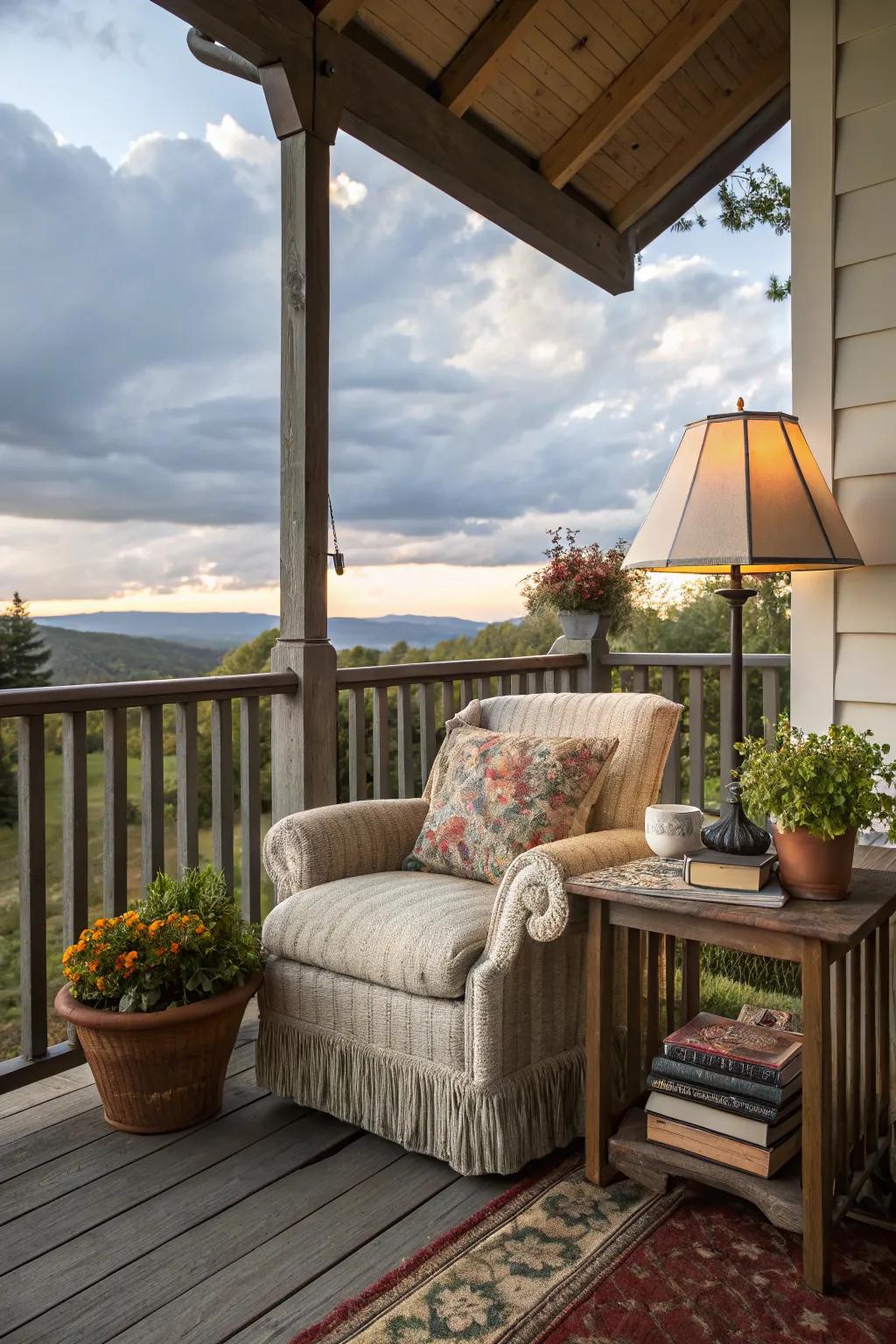 A delightful reading nook on a cottage porch.