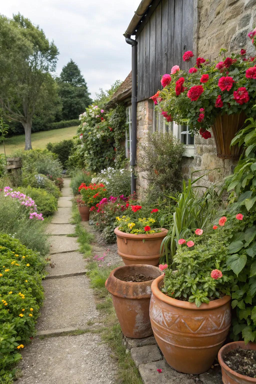 A display of layered potted plants adding texture to the garden.
