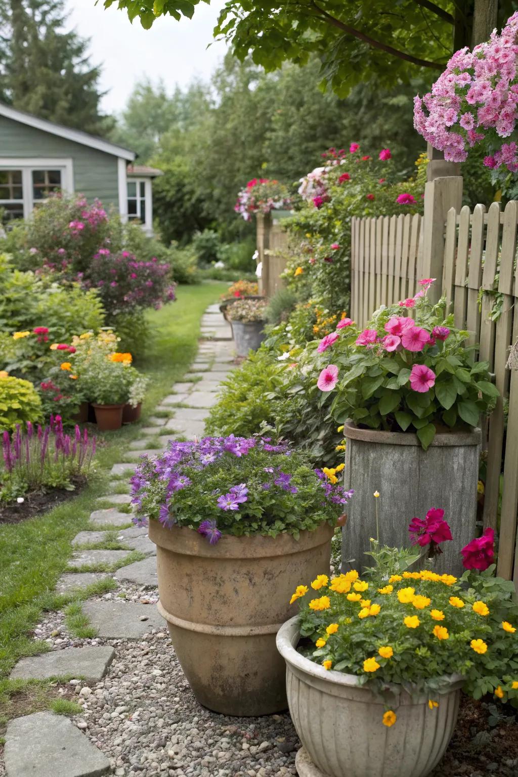 Container plants adding charm and versatility to a cottage garden.