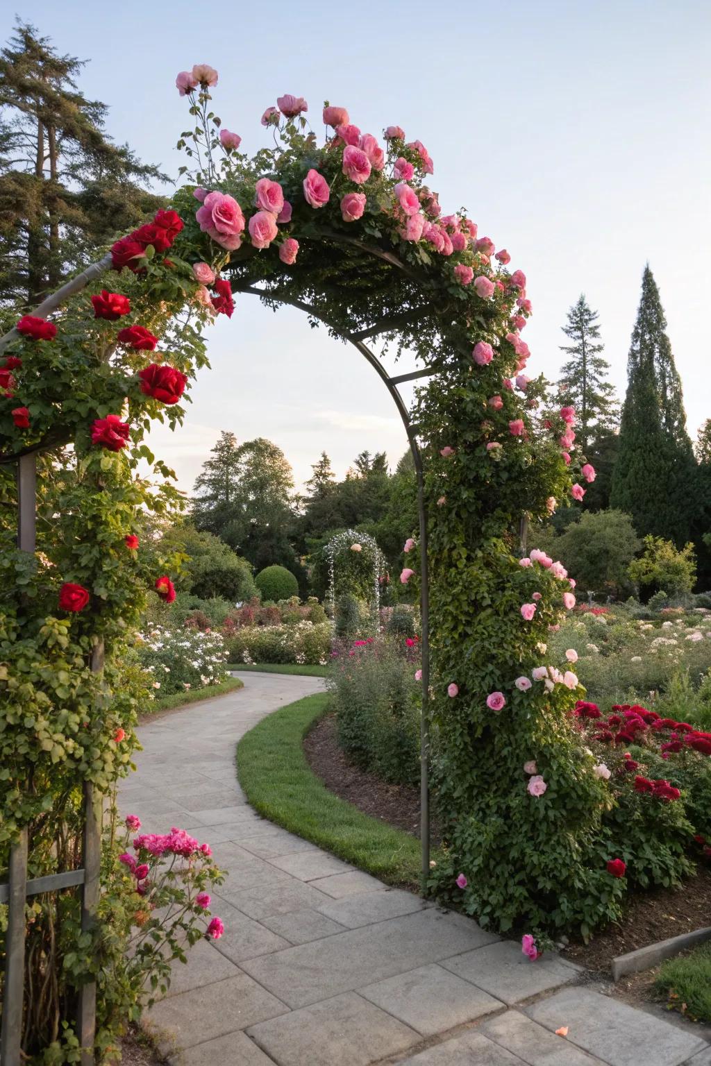 An archway adorned with climbing roses creates a whimsical entrance.