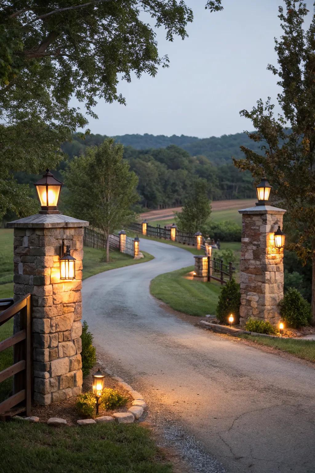 Stone pillars with integrated lighting marking the entrance to a country driveway.