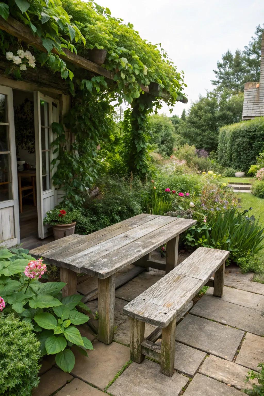 Reclaimed wood furniture adding rustic charm.