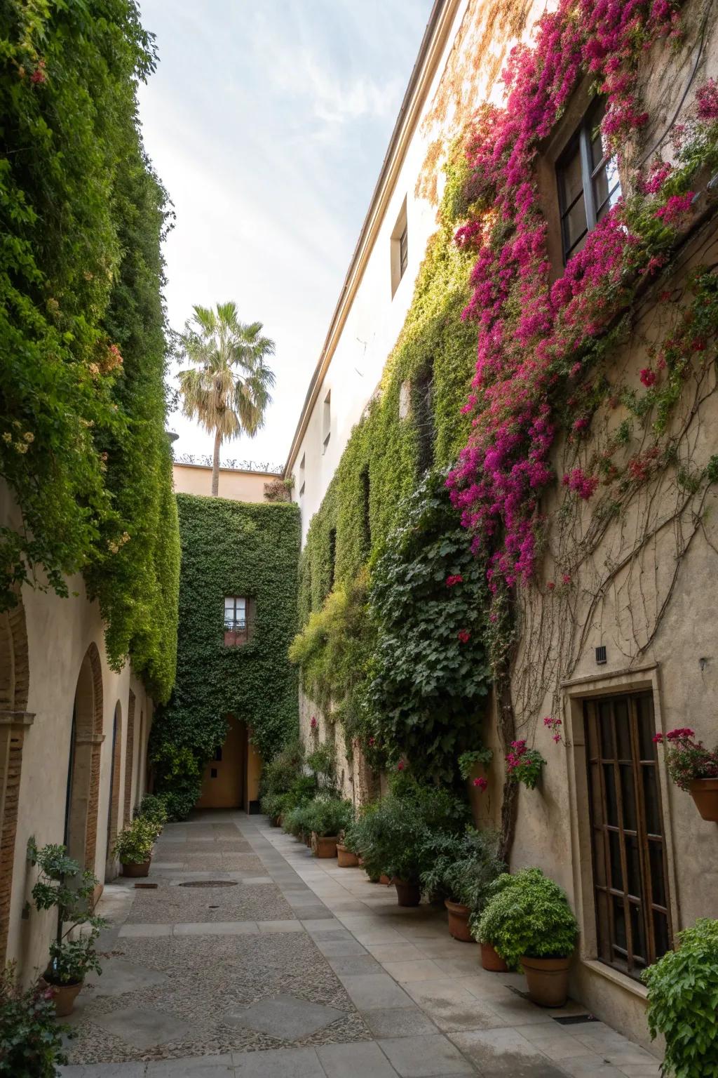 Privacy walls adorned with greenery enhance intimacy.