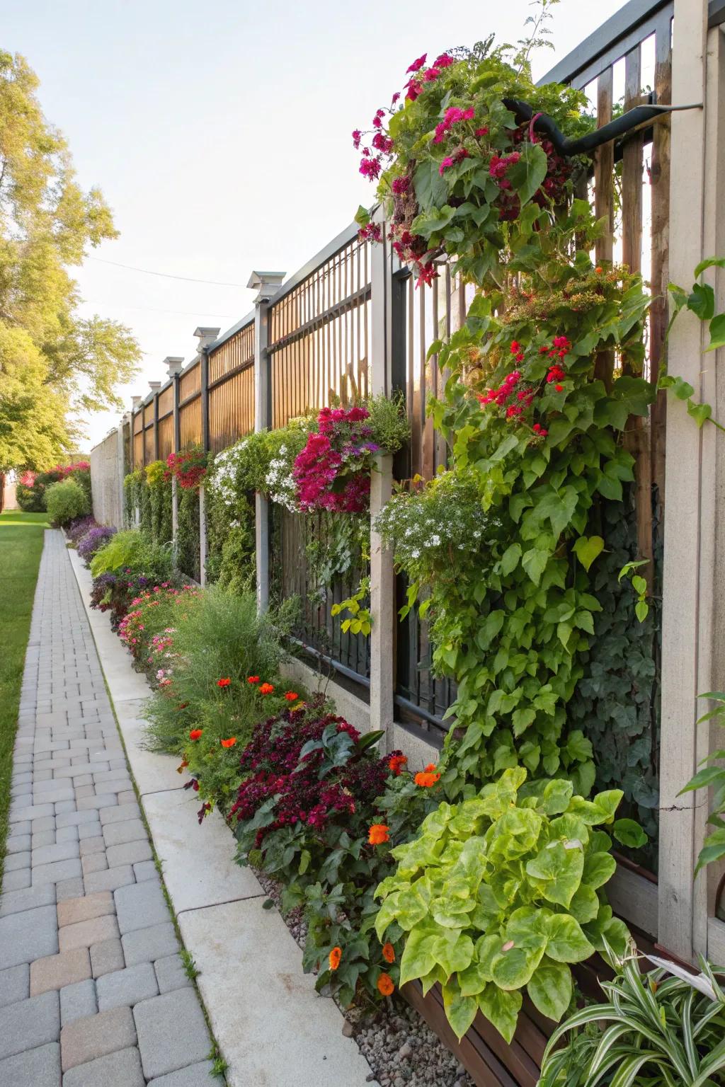 Vertical gardens on fences maximize space and greenery.