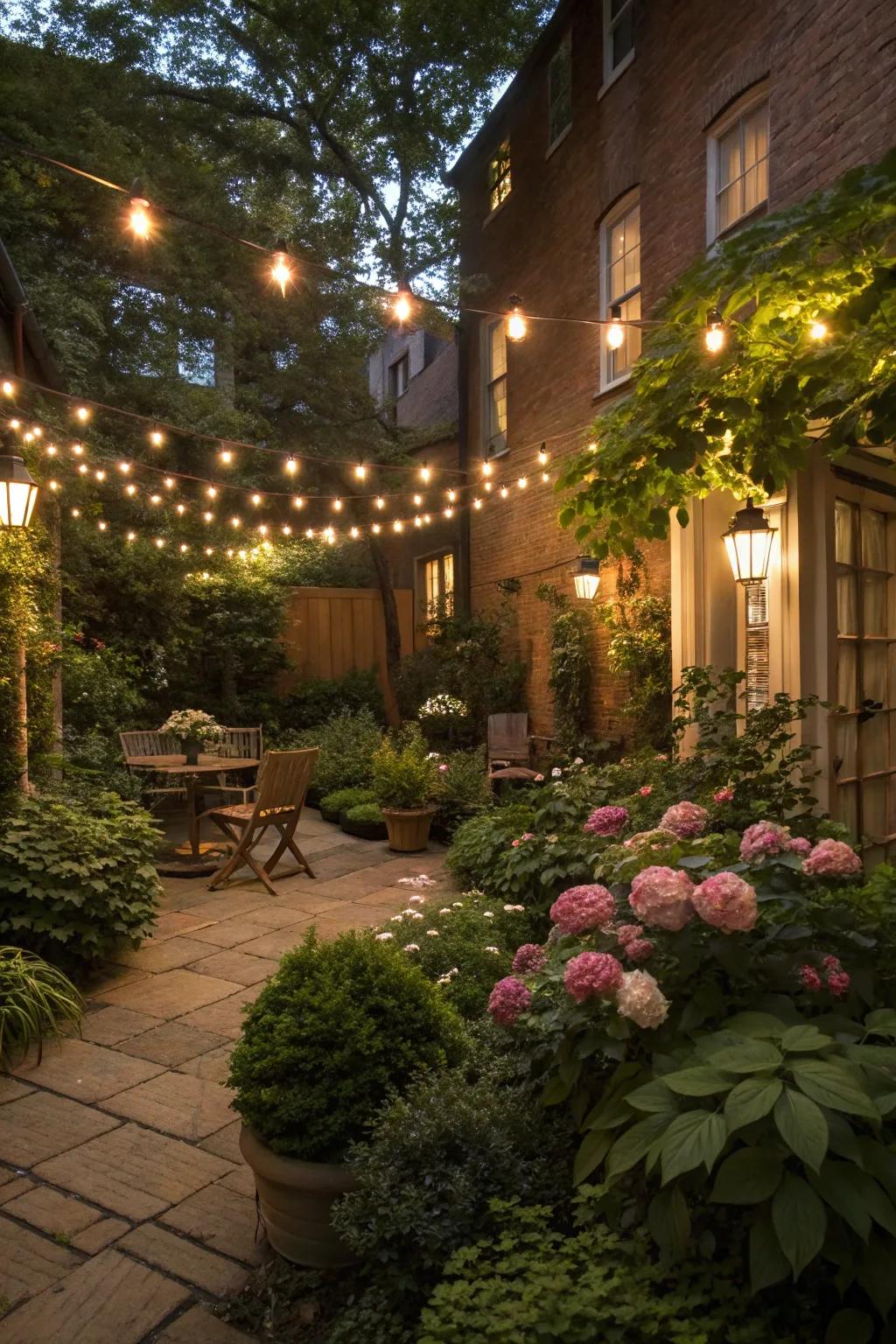 Outdoor lighting transforms a courtyard into a magical evening retreat.