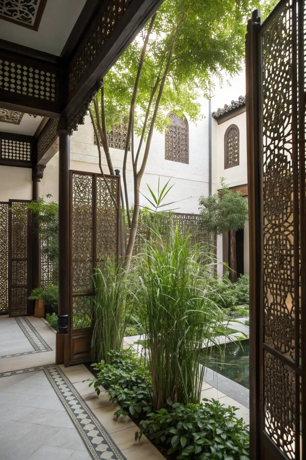 Privacy elements creating a secluded and intimate courtyard setting.