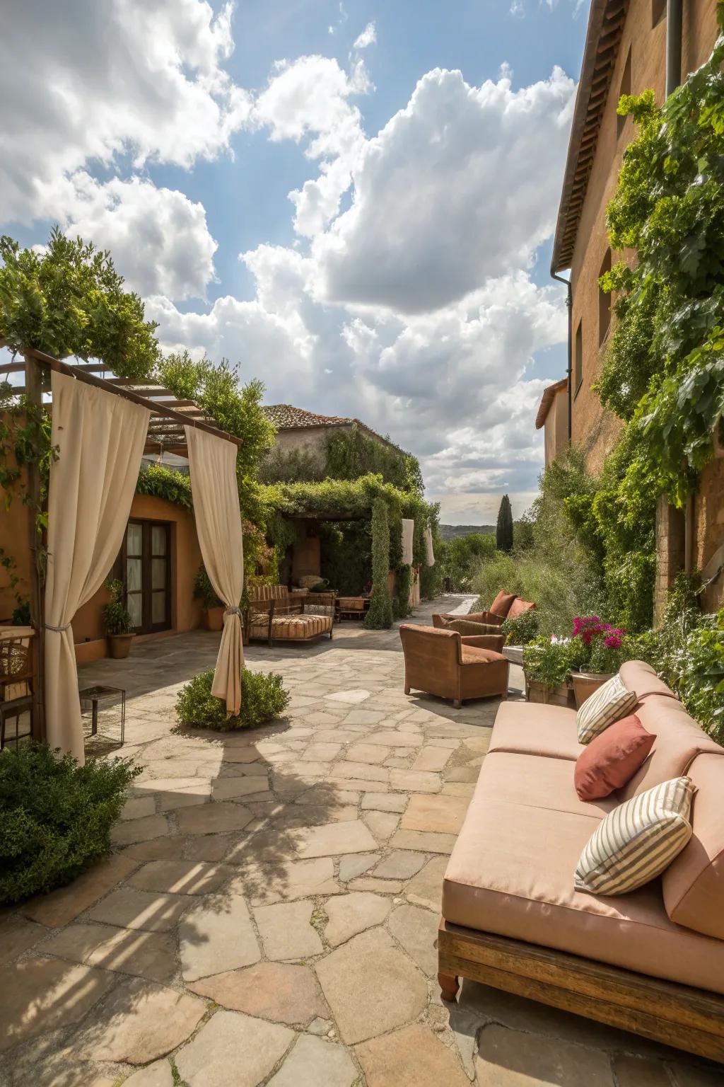A warm and inviting courtyard with cozy stone paving.