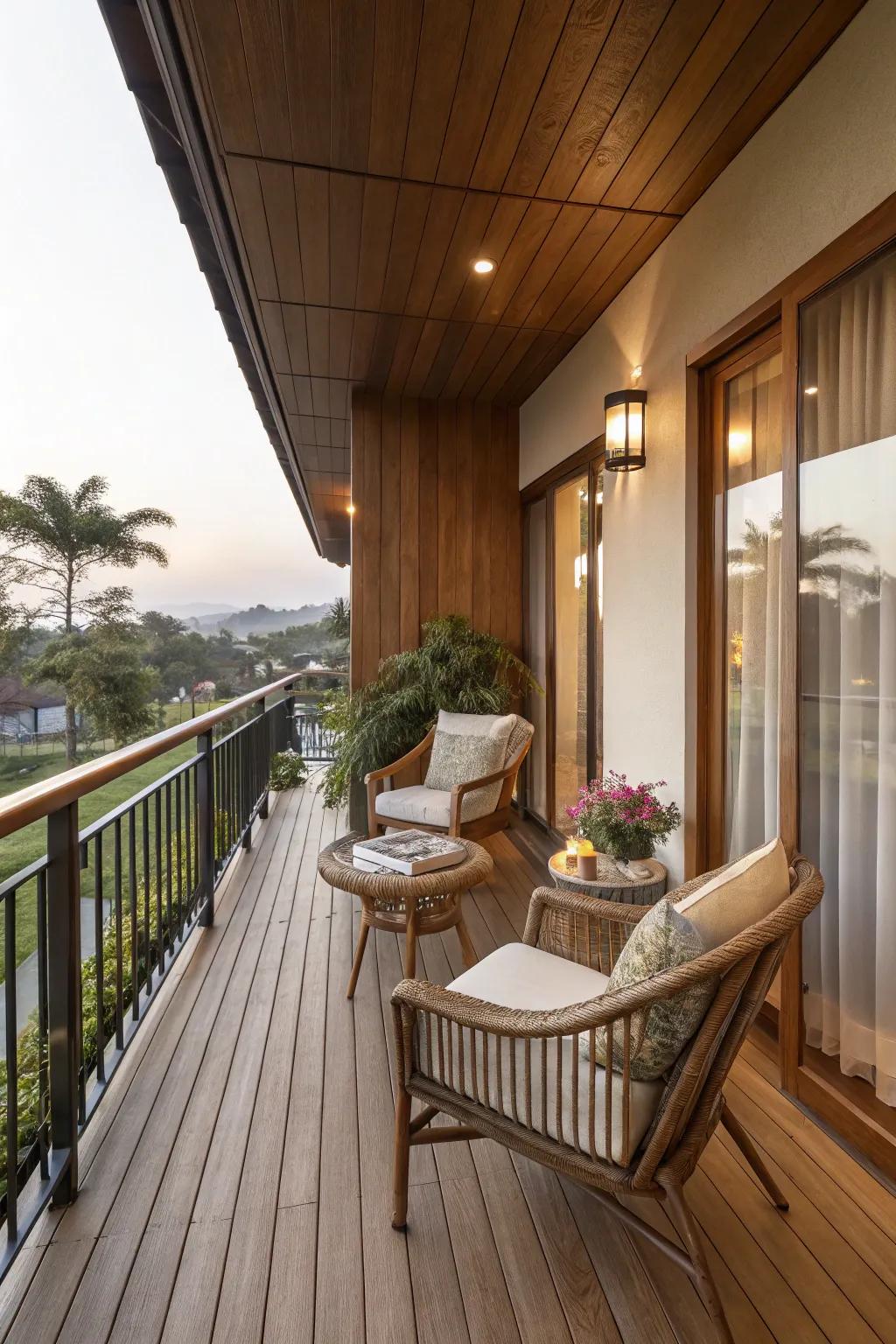 Natural wood elements bring warmth to balcony spaces.