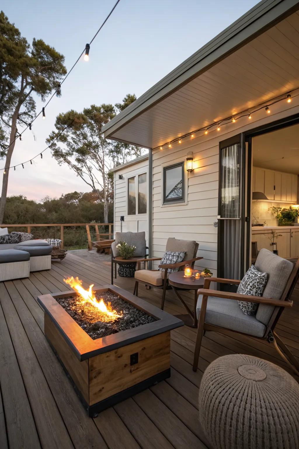 Inviting deck with a built-in fire pit, perfect for cozy nights.