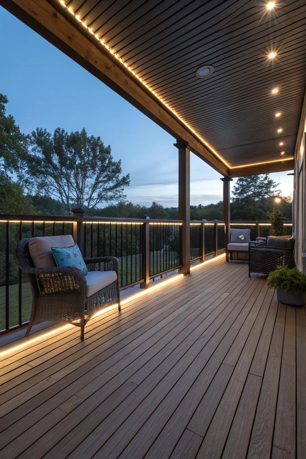 LED strip lights under railings provide a subtle, elegant glow on a covered deck.