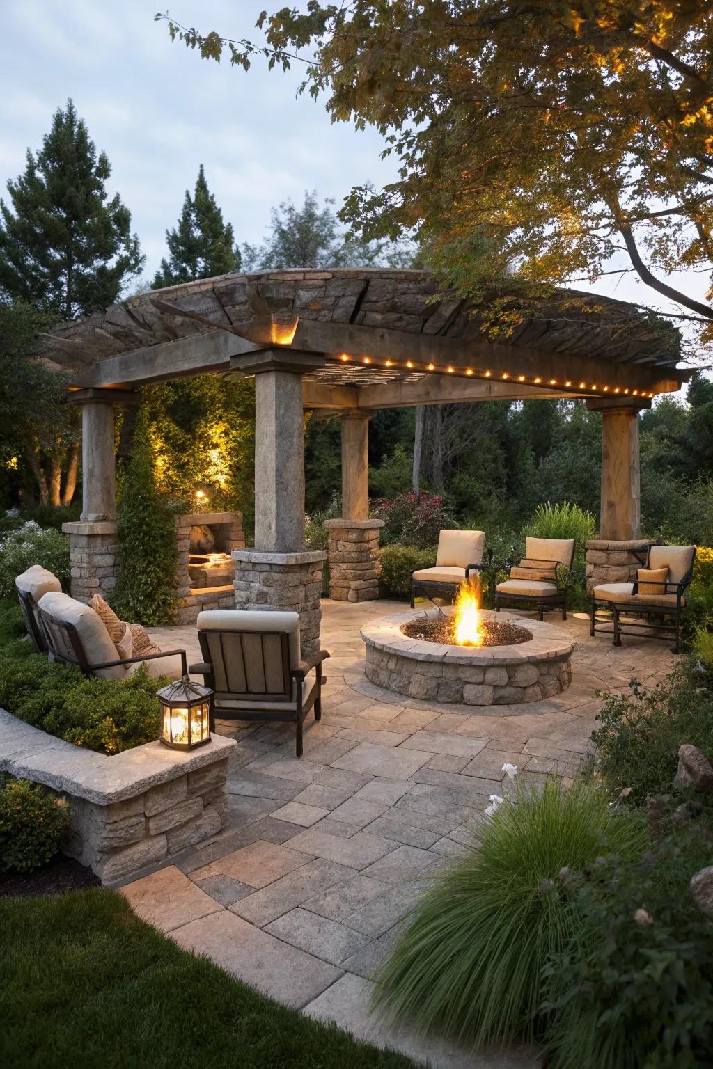 A stone canopy adds elegance and durability to your fire pit setup.