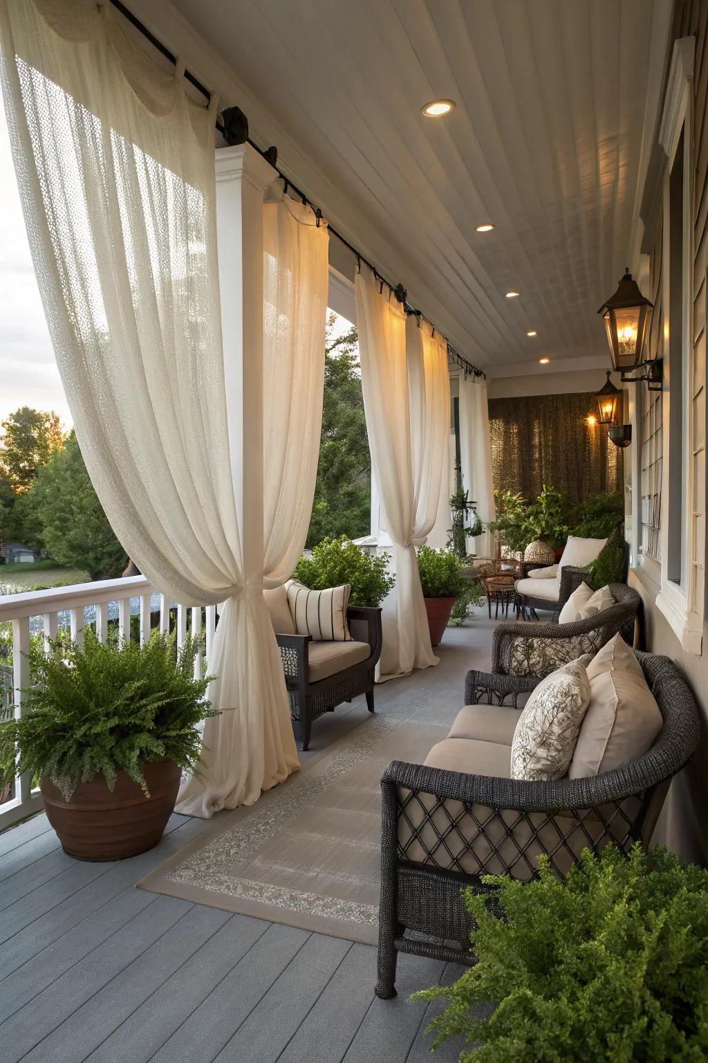 Outdoor curtains add privacy and elegance to the porch.