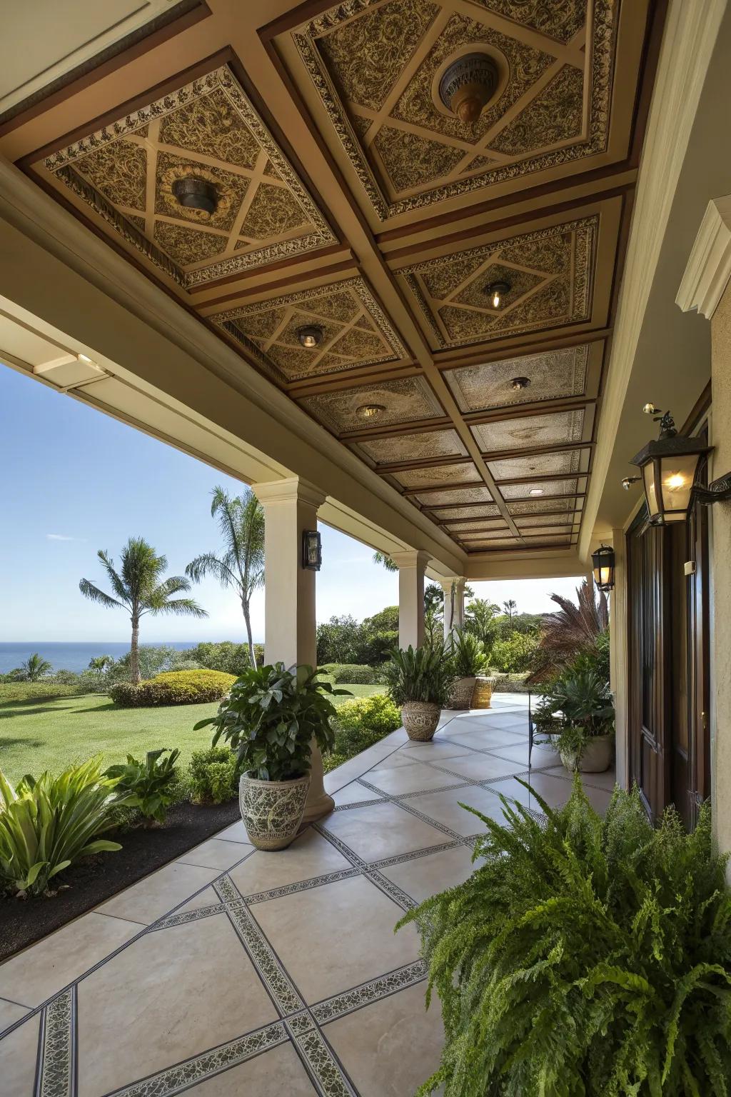 A stunning ceiling elevates the lanai's design.