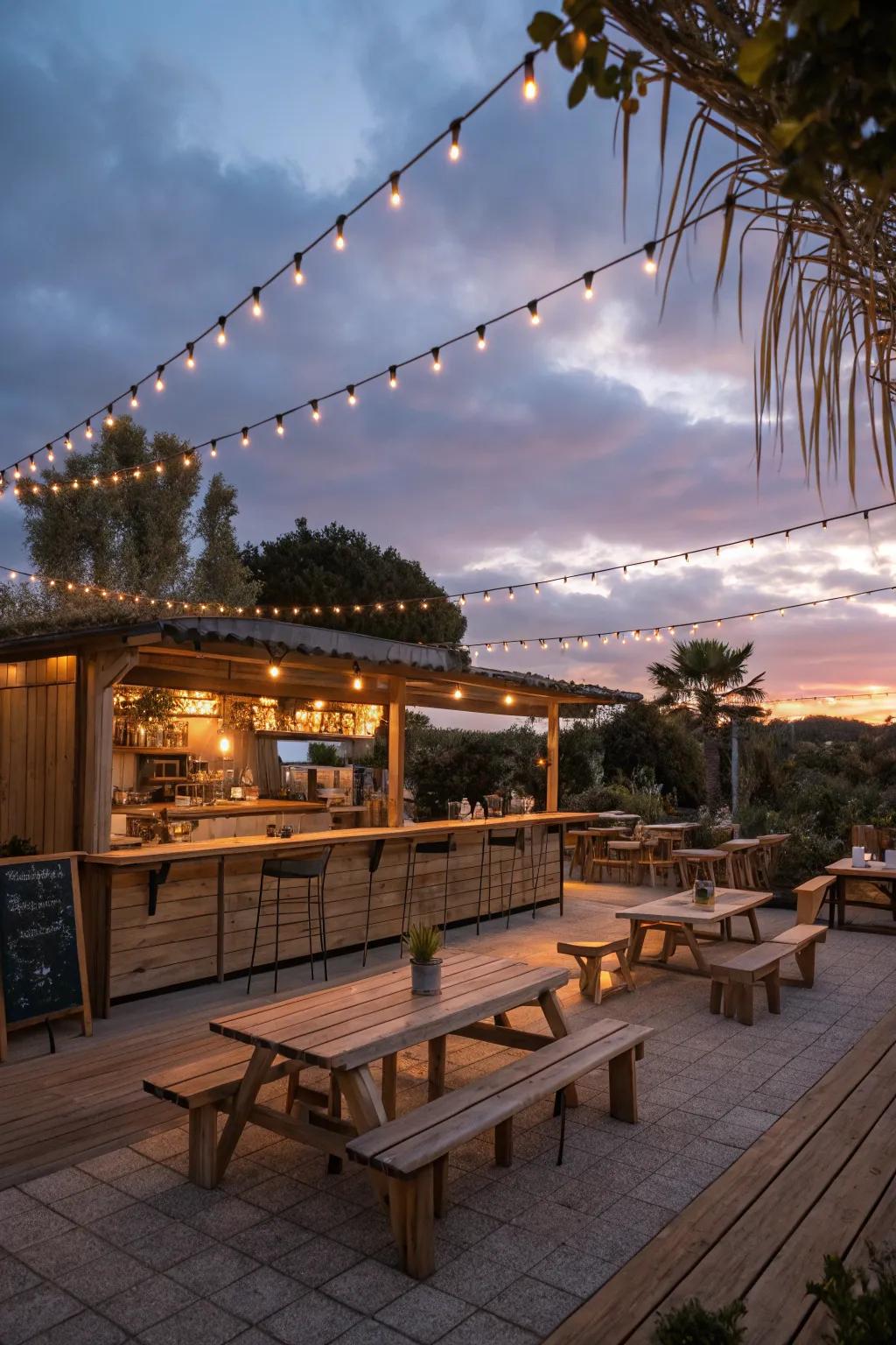String lights add a warm, inviting glow to this outdoor kitchen bar.