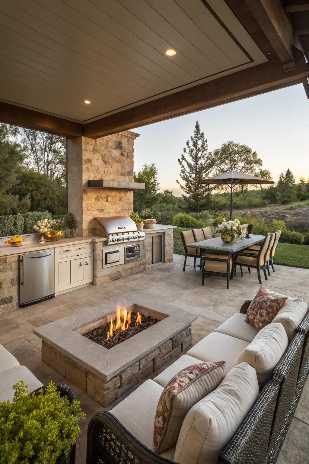 A cozy living area integrated with the outdoor kitchen for seamless entertaining.