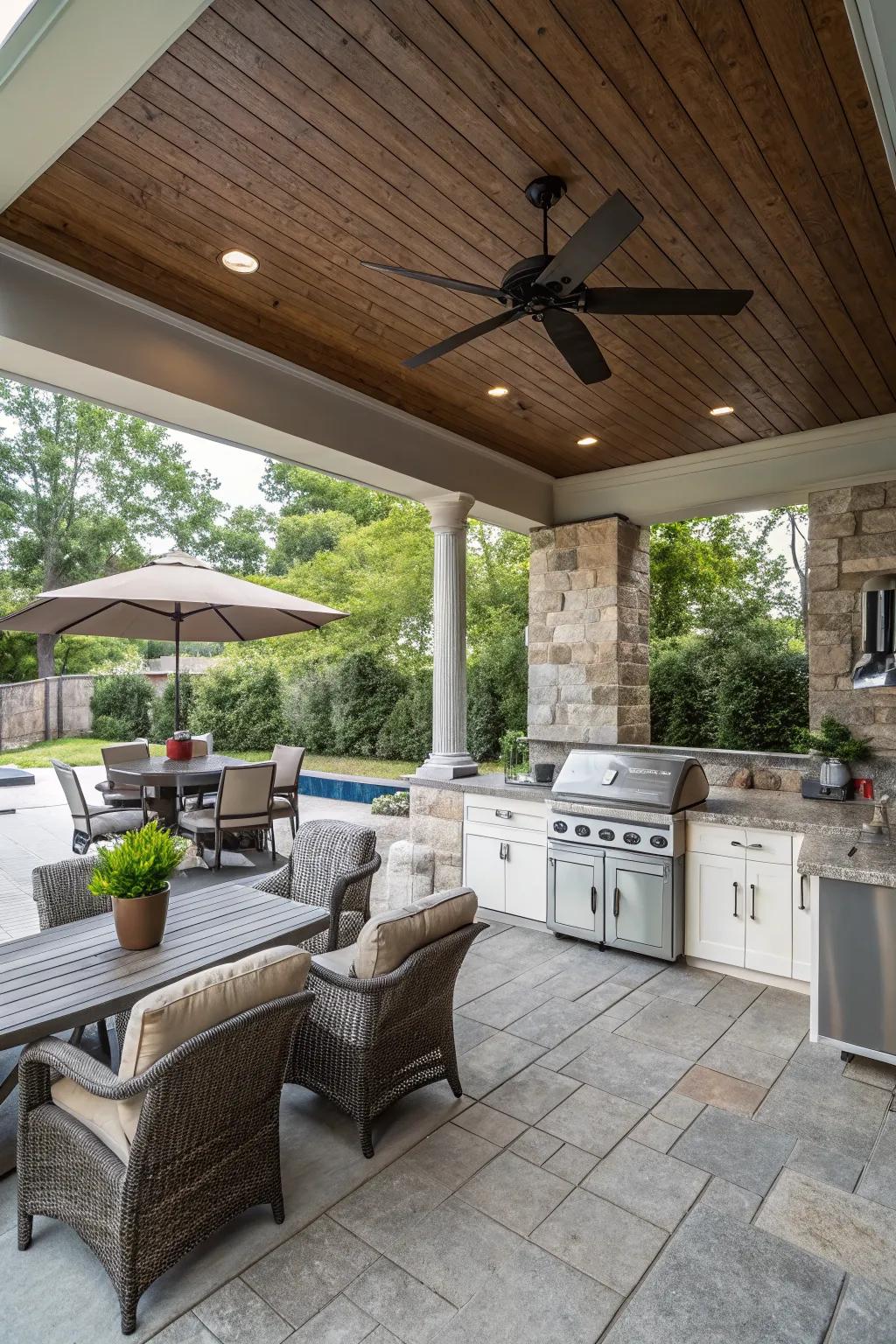 Ceiling fans keep the breeze flowing in your outdoor kitchen.