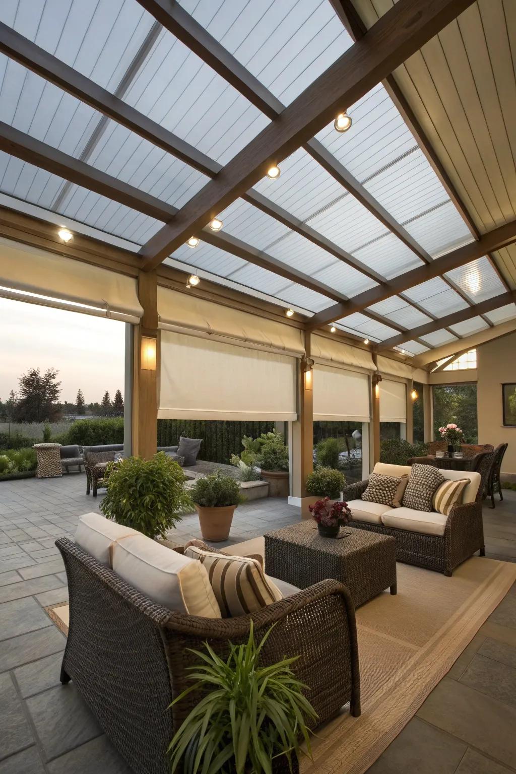 Adjustable skylight shades provide flexible light control for any mood.