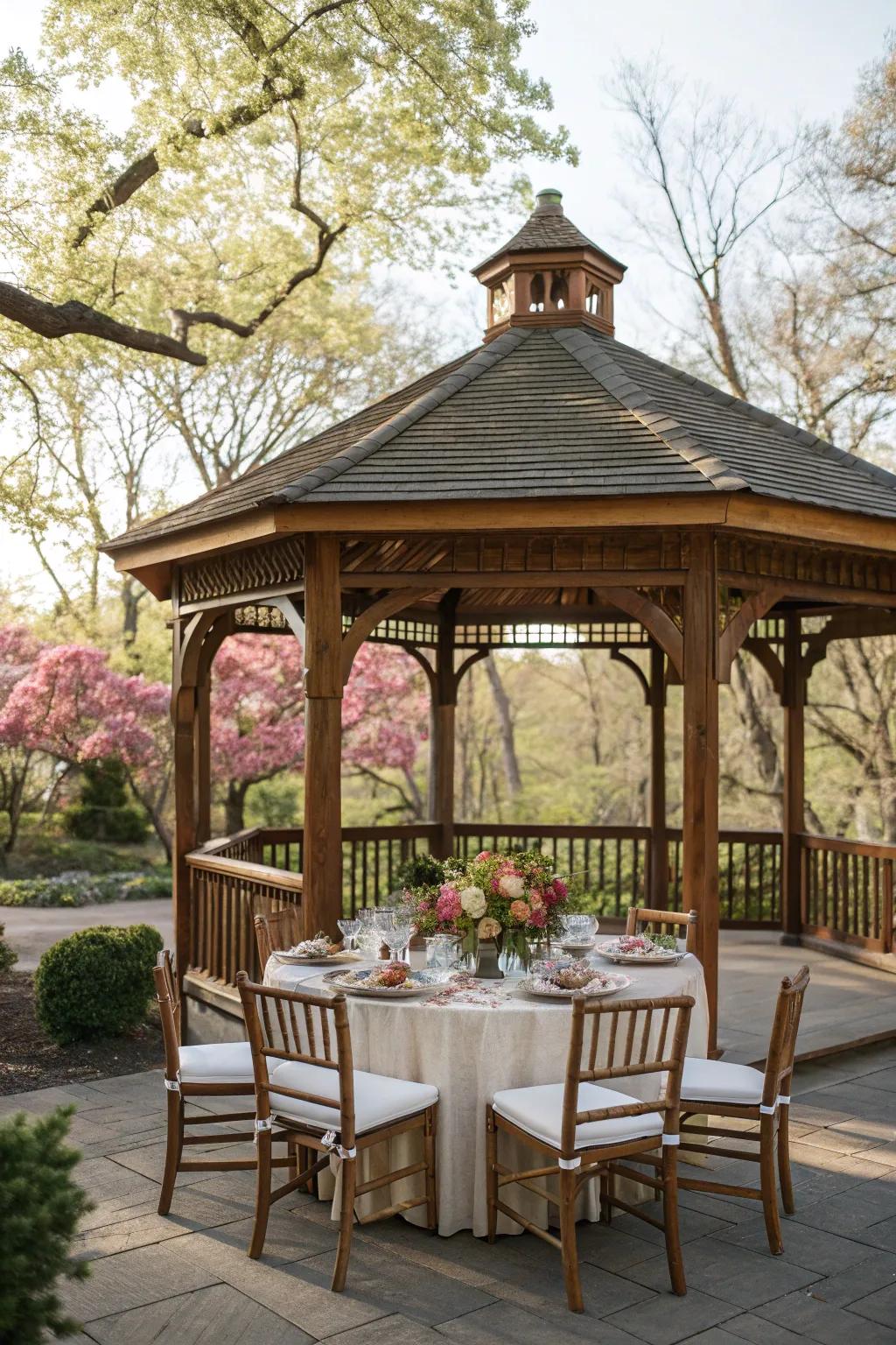 Enjoy al fresco dining in a charming pavilion setting.