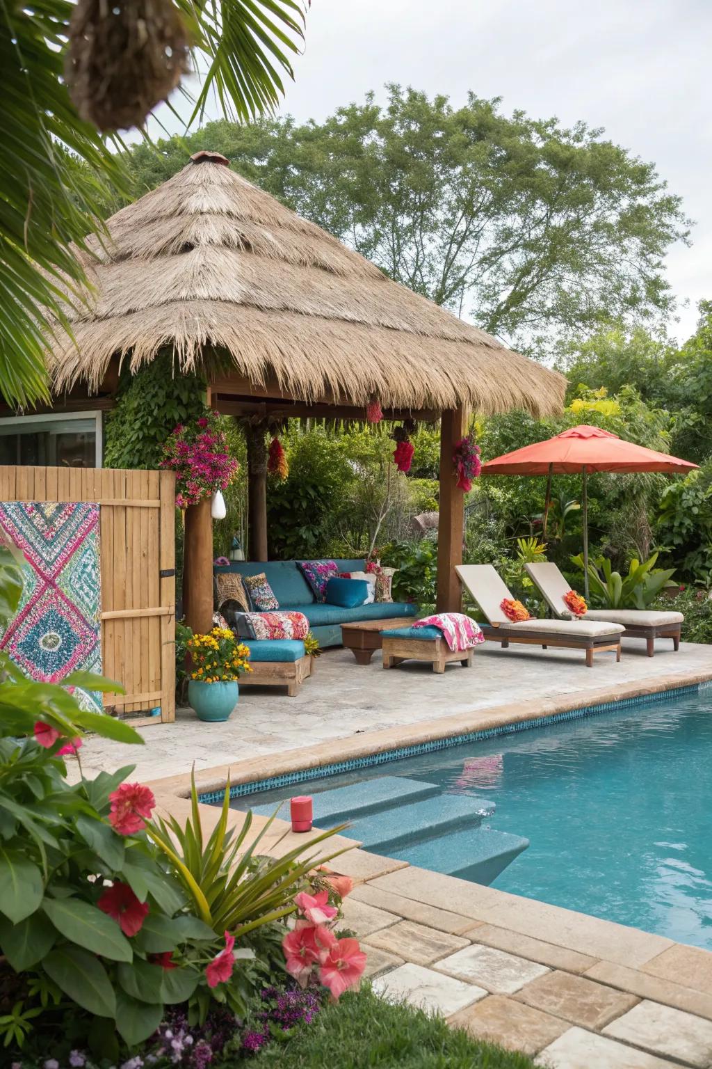 A tropical cabana offers a relaxing escape in your backyard.