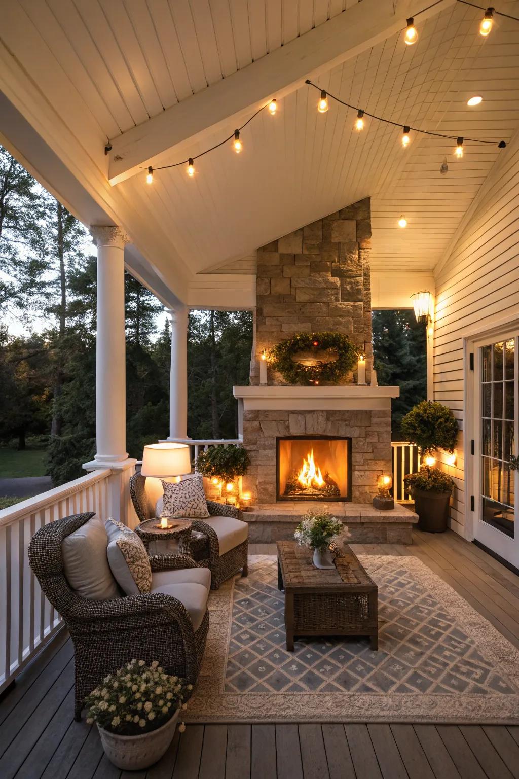 A fireplace adds warmth and ambiance to your porch.