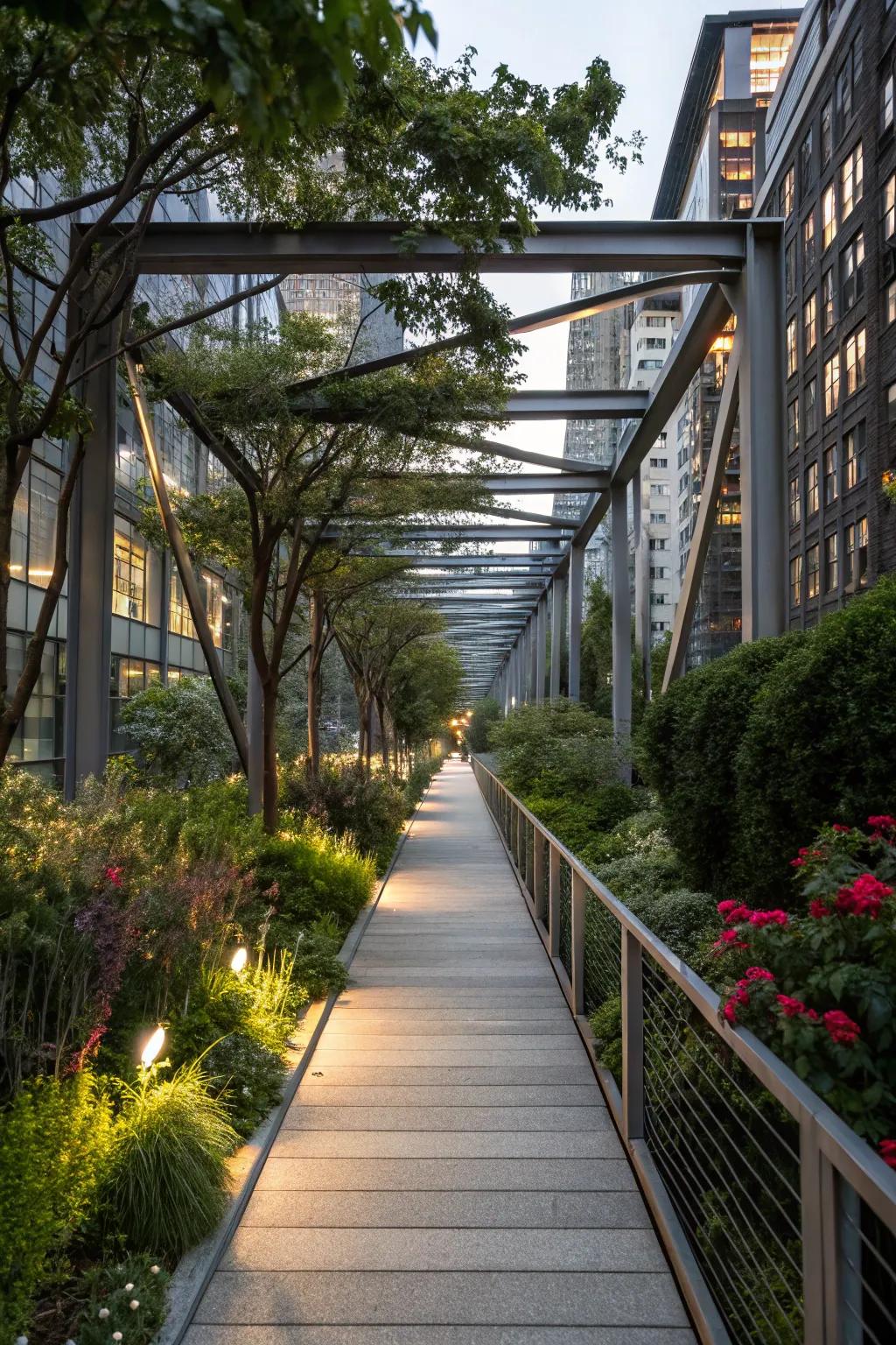 A metal framework walkway brings an industrial edge to this garden.