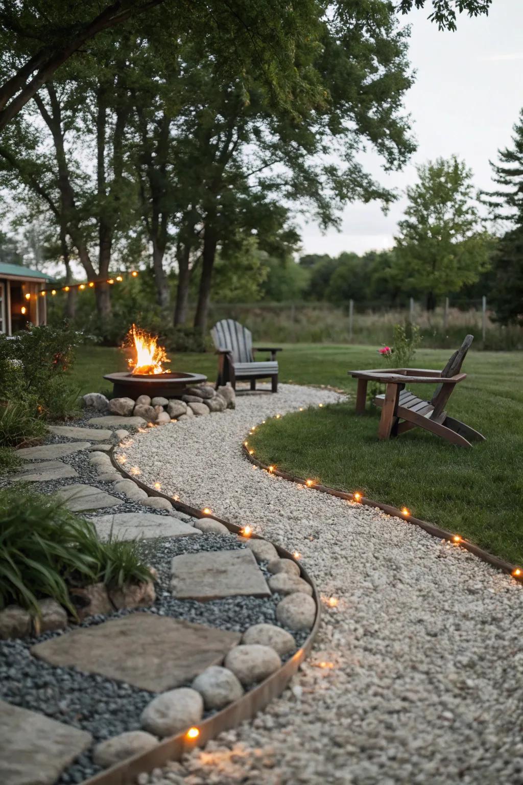 A gravel pathway adds rustic charm to the fire pit area.
