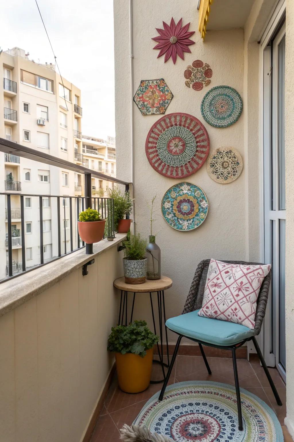 Personal touches with art and decor items enhance the balcony's charm.