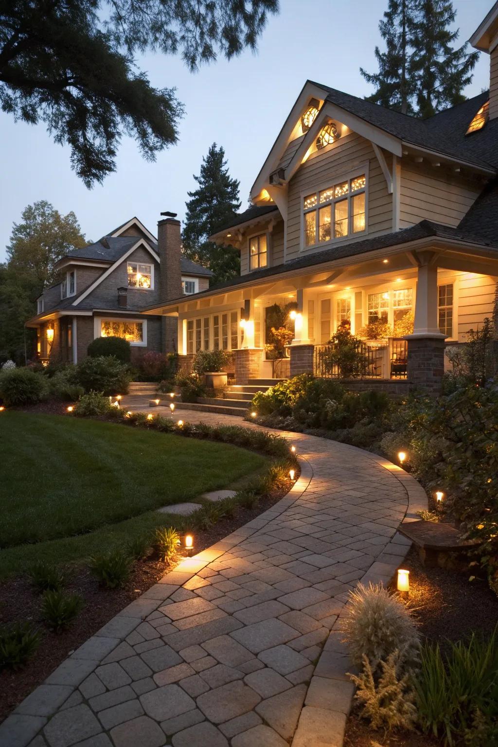 Outdoor lighting highlights the architectural beauty of this craftsman house.