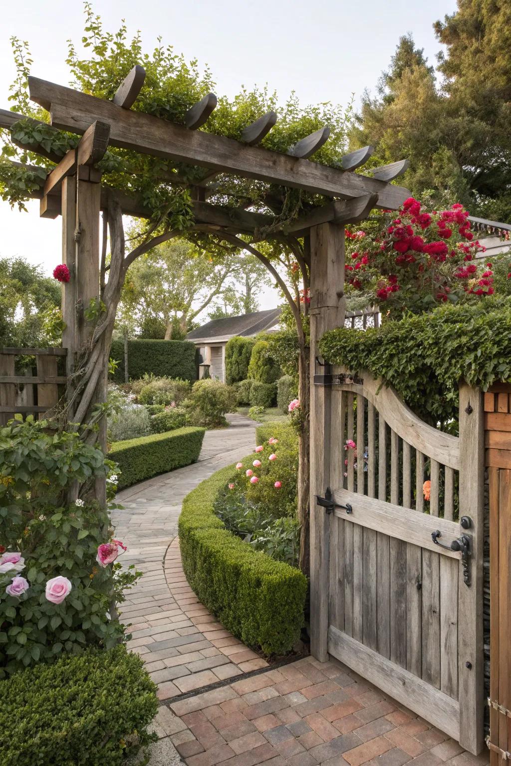 A charming arbor and gate create a welcoming entrance to the garden.