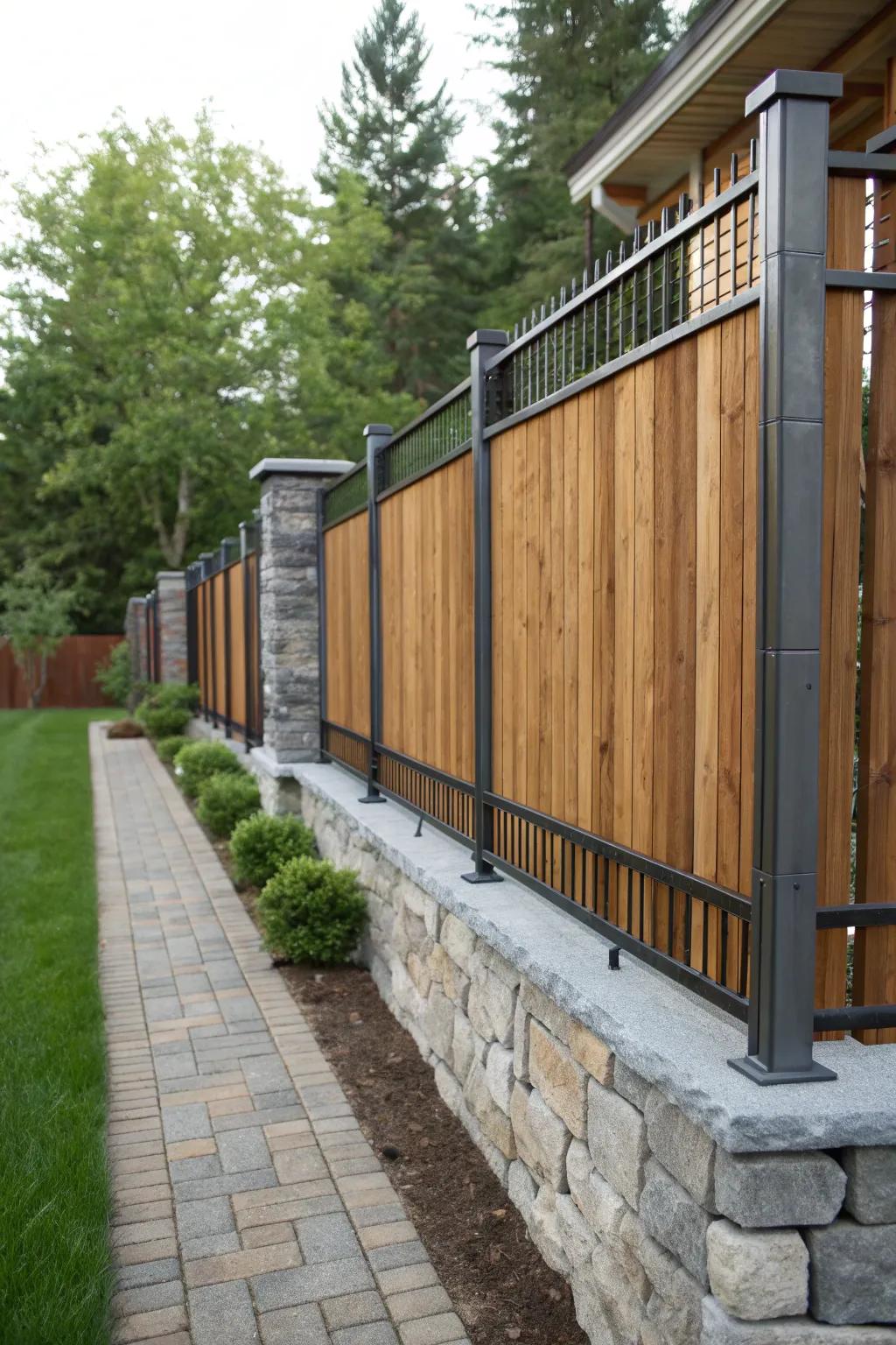 A fence combining wood, metal, and stone for a textured look.