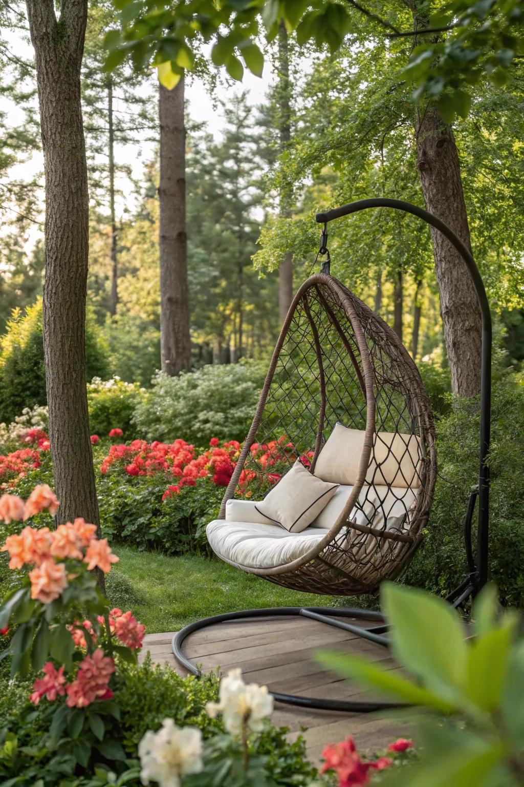 Hanging loungers provide a private relaxation spot in your garden.