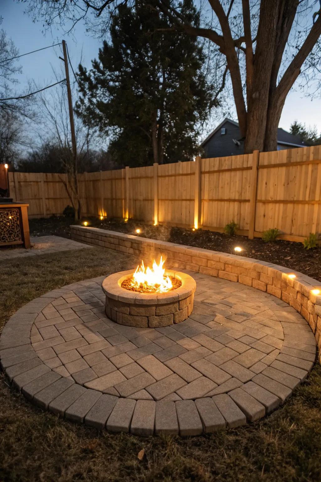 A circular paver arrangement creates the perfect setting for a fire pit.