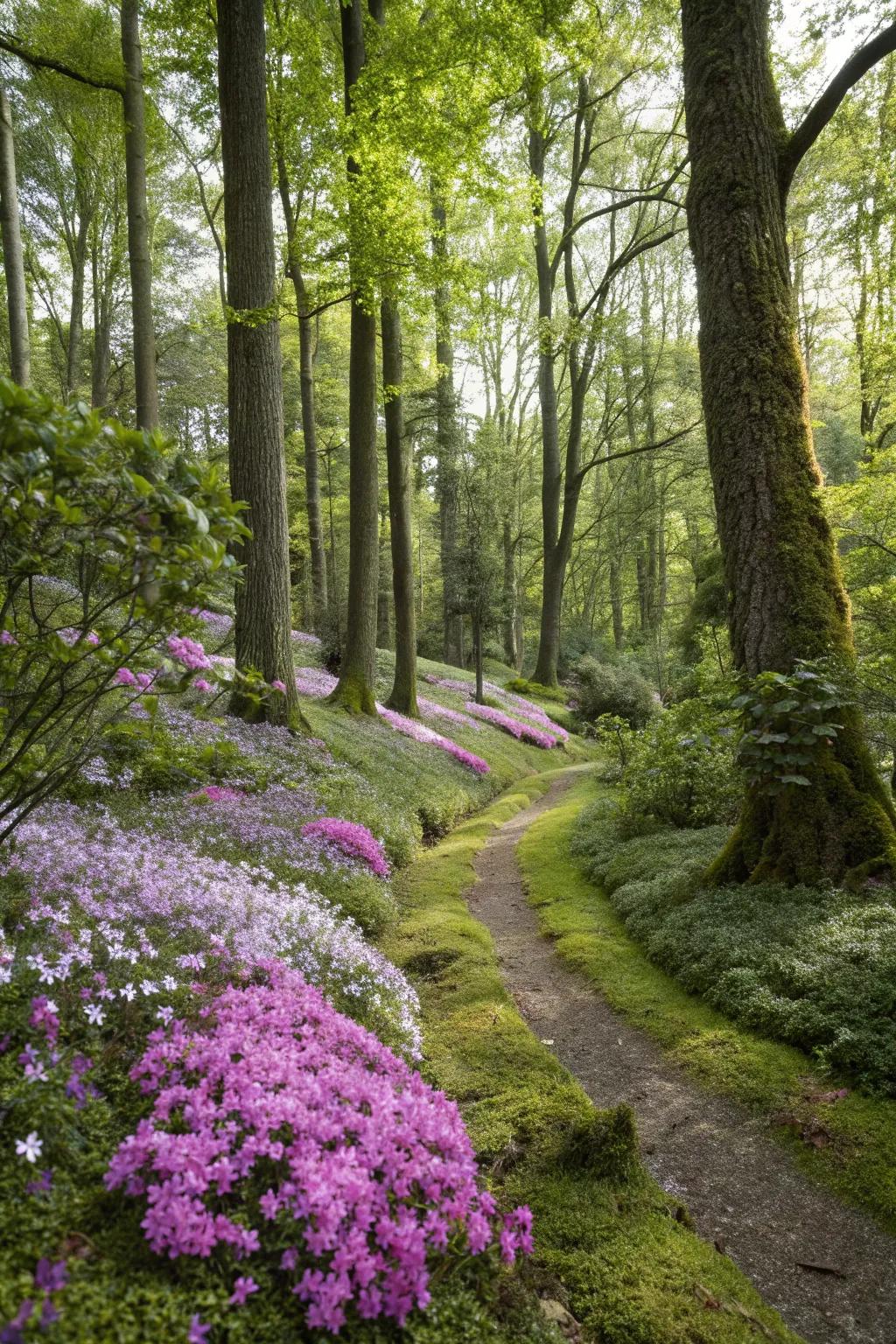 Creeping phlox adding charm to a woodland garden.