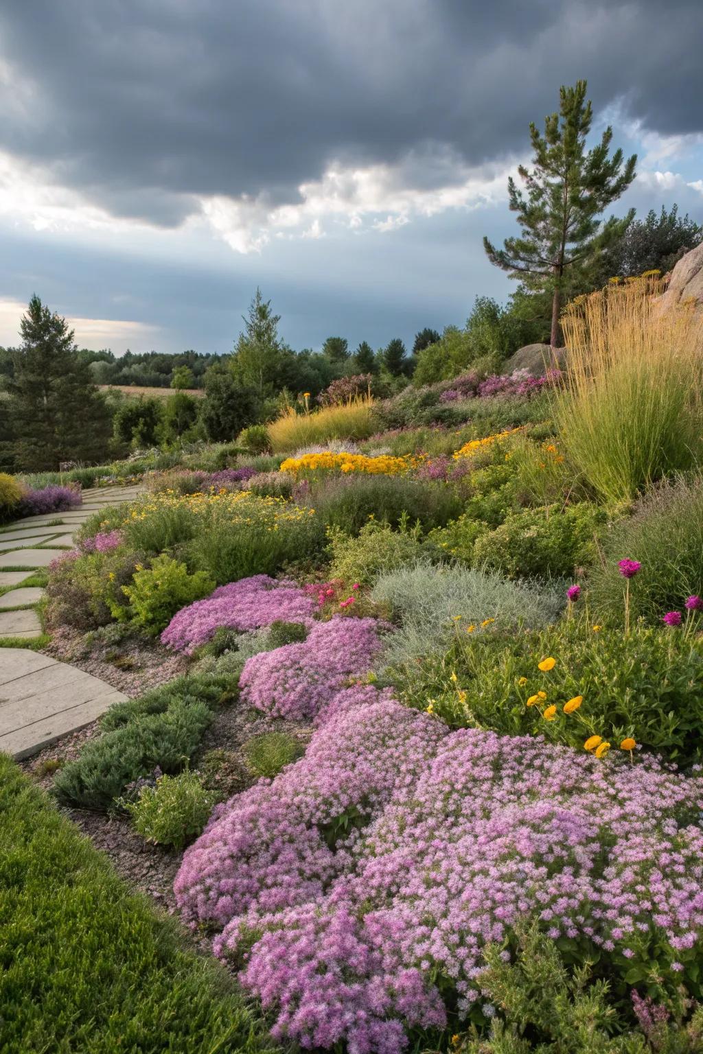 Create diverse planting beds with creeping thyme and colorful perennials.