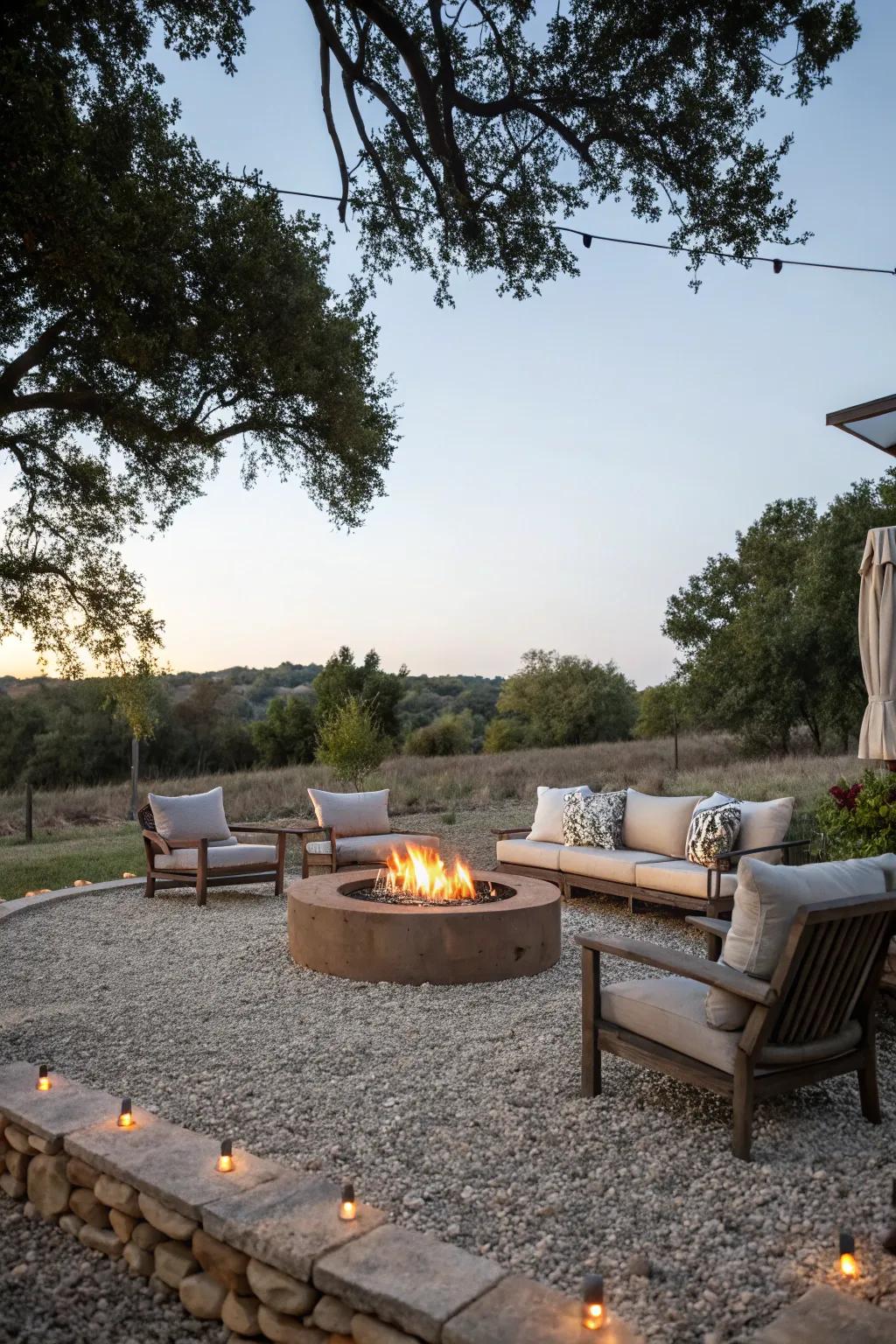 Gather around a cozy fire pit area with crushed stone.